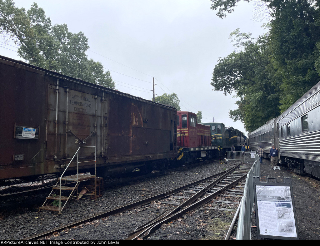 Various boxcars like Swift Refridgerator Line and restored NY Central Rolling Stock on the right 